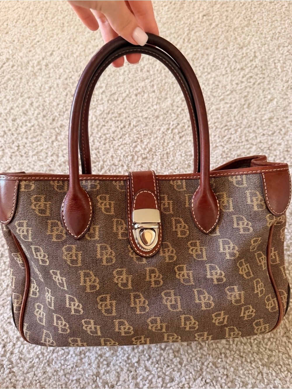 Dooney & Bourke Brown Monogram Satchel with Tan Trim